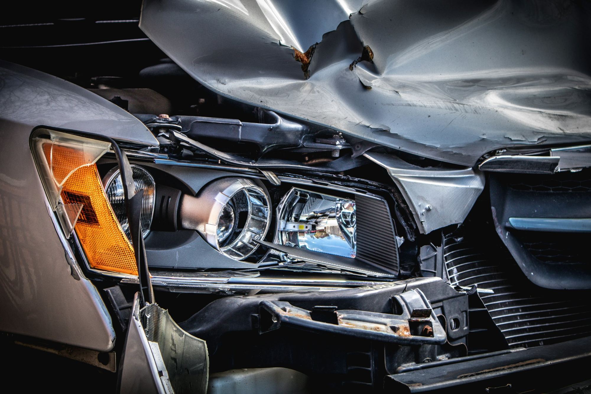 Front end of a car damaged in a collision